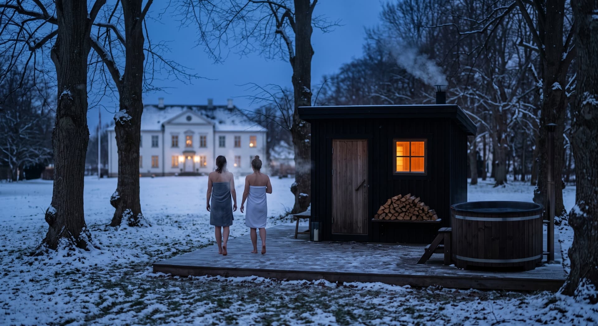 Visualisering af den brændefyrede sauna og vildmarksbadet i parken om vinteren